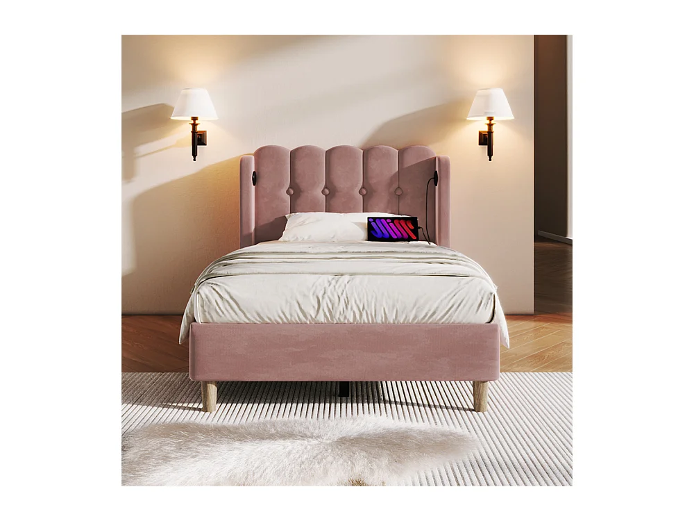 Lit adulte lit 90x200 cm lit rembourré avec fonction de charge usb type c Single velours rose