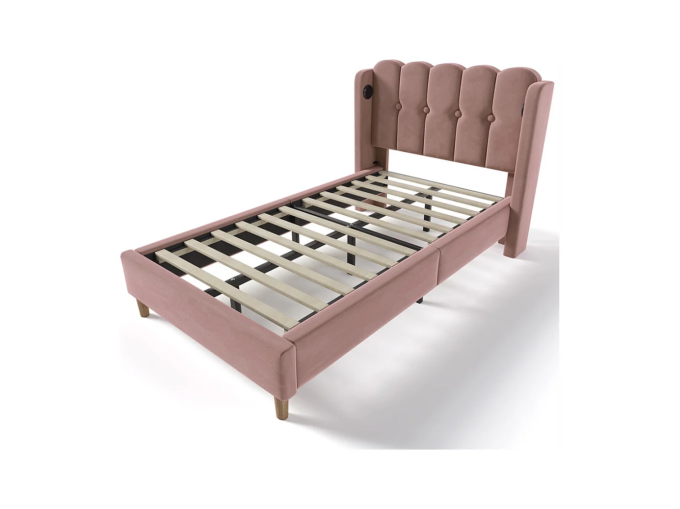 Lit adulte lit 90x200 cm lit rembourré avec fonction de charge usb type c Single velours rose