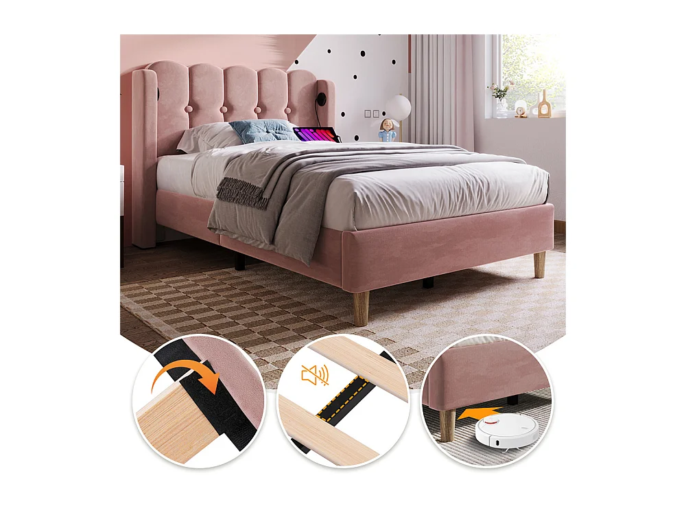 Lit adulte lit 90x200 cm lit rembourré avec fonction de charge usb type c Single velours rose