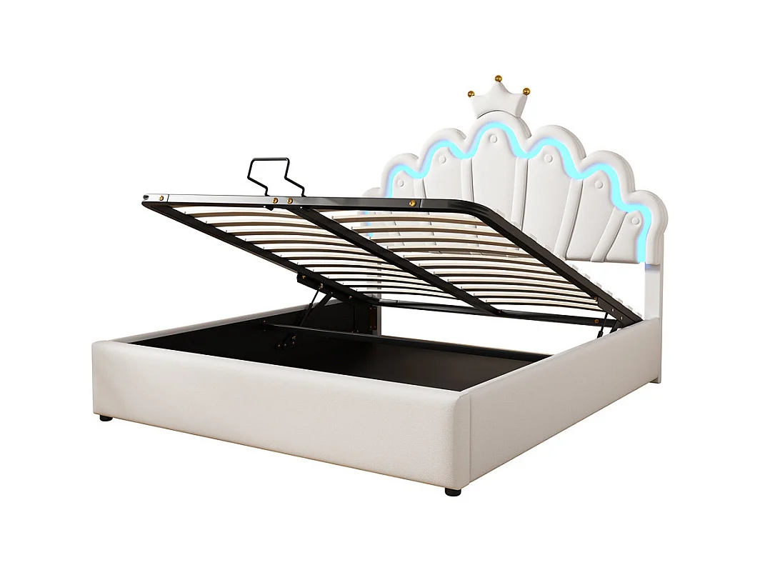 Gestoffeerd bed 140x200cm prinsessenbed verstelbare sfeerverlichting tweepersoonsbed pu wit