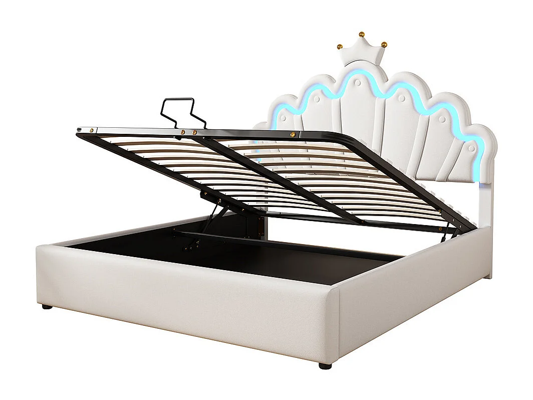 Gestoffeerd bed 140x200cm prinsessenbed verstelbare sfeerverlichting tweepersoonsbed pu wit