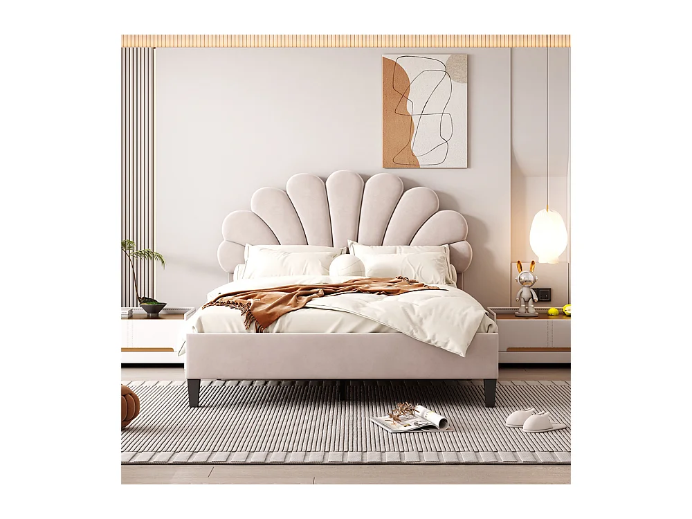 Volwassen bed 140x200 cm bed gestoffeerd bed lattenbodem tweepersoonsbed beige fluweel