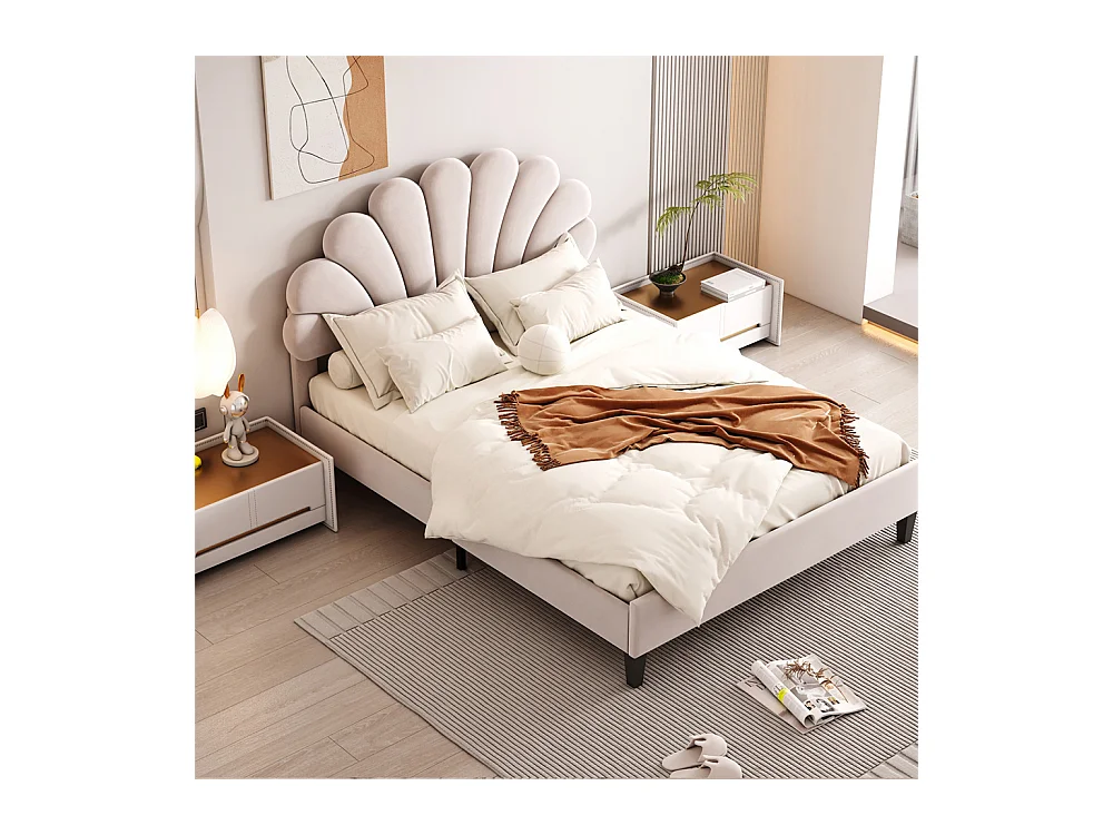 Volwassen bed 140x200 cm bed gestoffeerd bed lattenbodem tweepersoonsbed beige fluweel