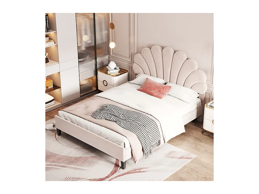 Volwassen bed 140x200 cm bed gestoffeerd bed lattenbodem tweepersoonsbed beige fluweel