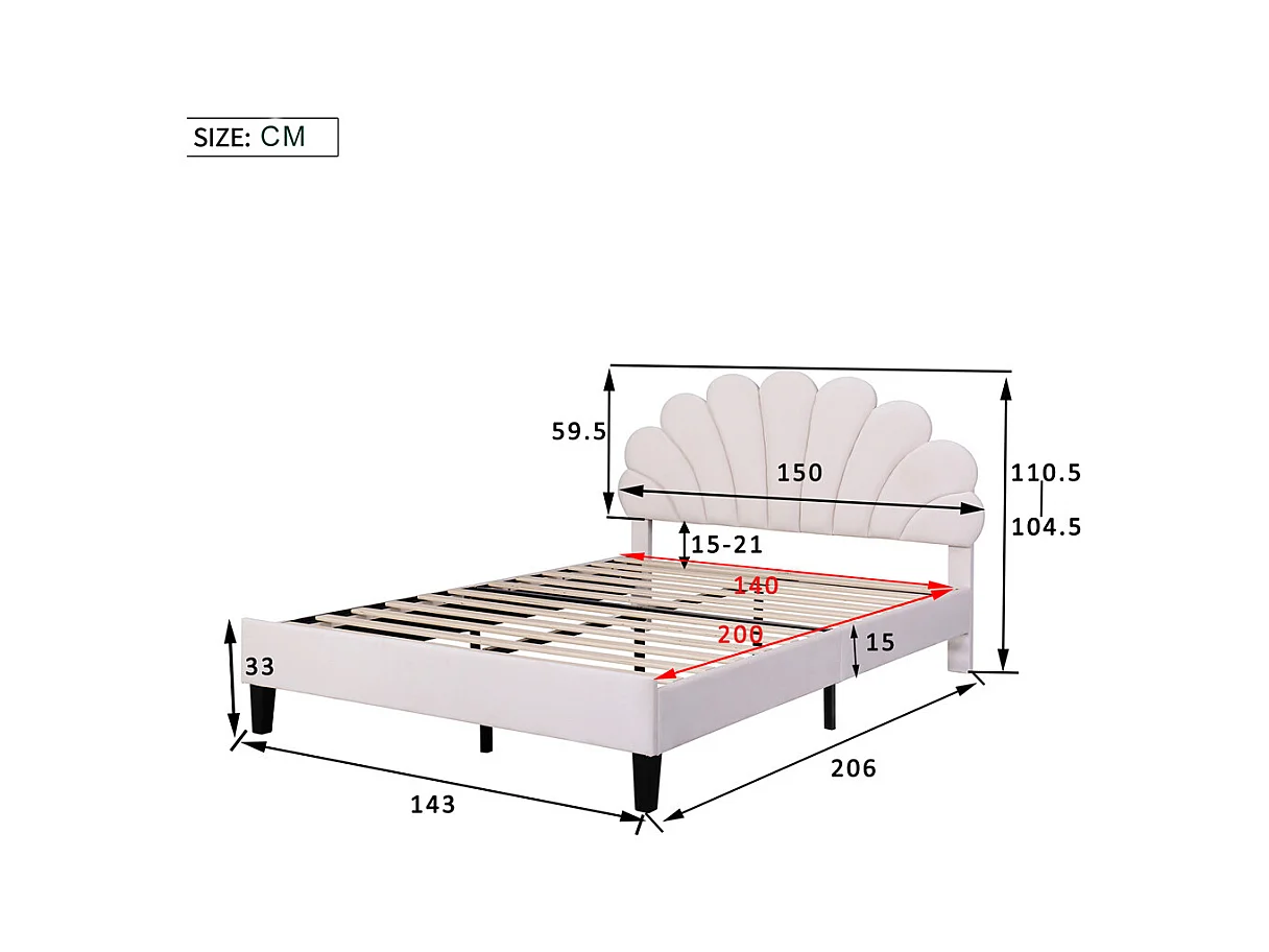 Volwassen bed 140x200 cm bed gestoffeerd bed lattenbodem tweepersoonsbed beige fluweel