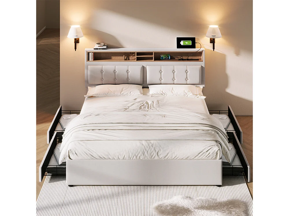 Lit adulte lit 140x200 cm lit rembourré avec quatre tiroirs avec sommier à lattes en bois lit double lin beige