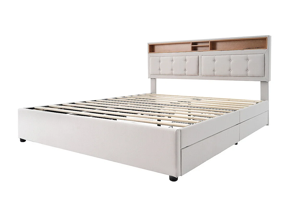 Lit adulte lit 140x200 cm lit rembourré avec quatre tiroirs avec sommier à lattes en bois lit double lin beige