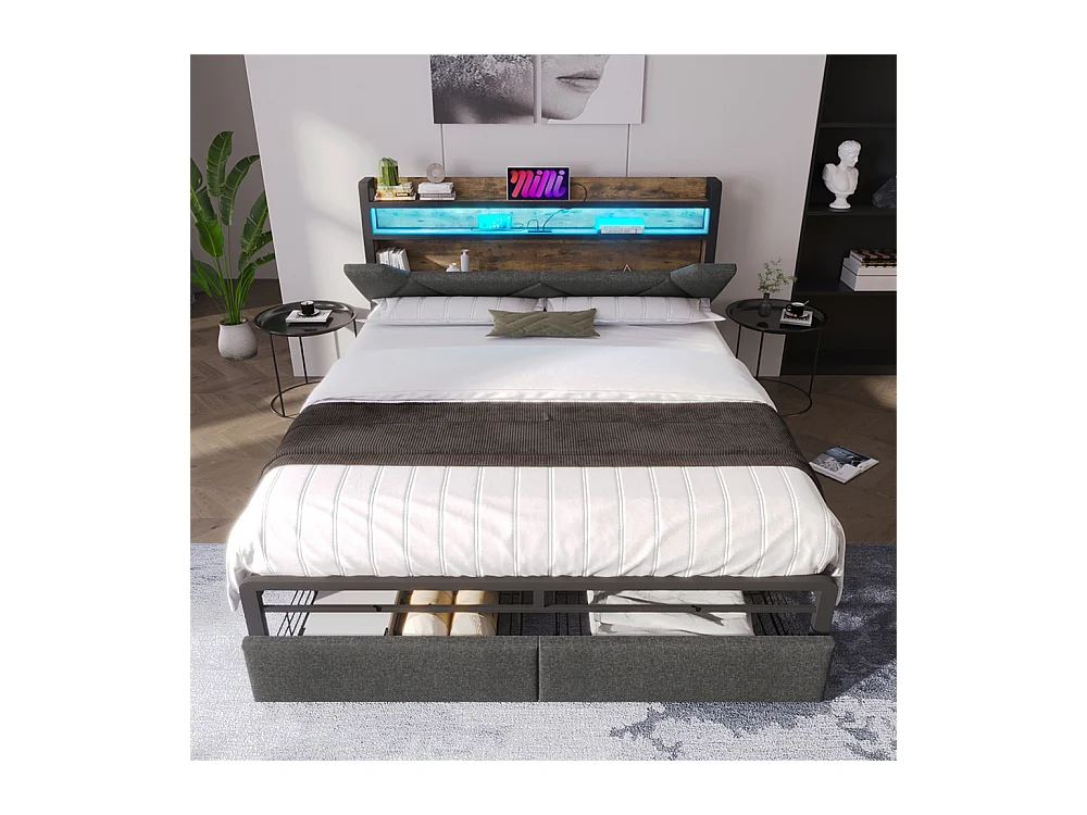 Lit adulte lit 160x200 cm avec cadre métallique lit rembourré avec éclairage led et tiroirs lit double lin gris