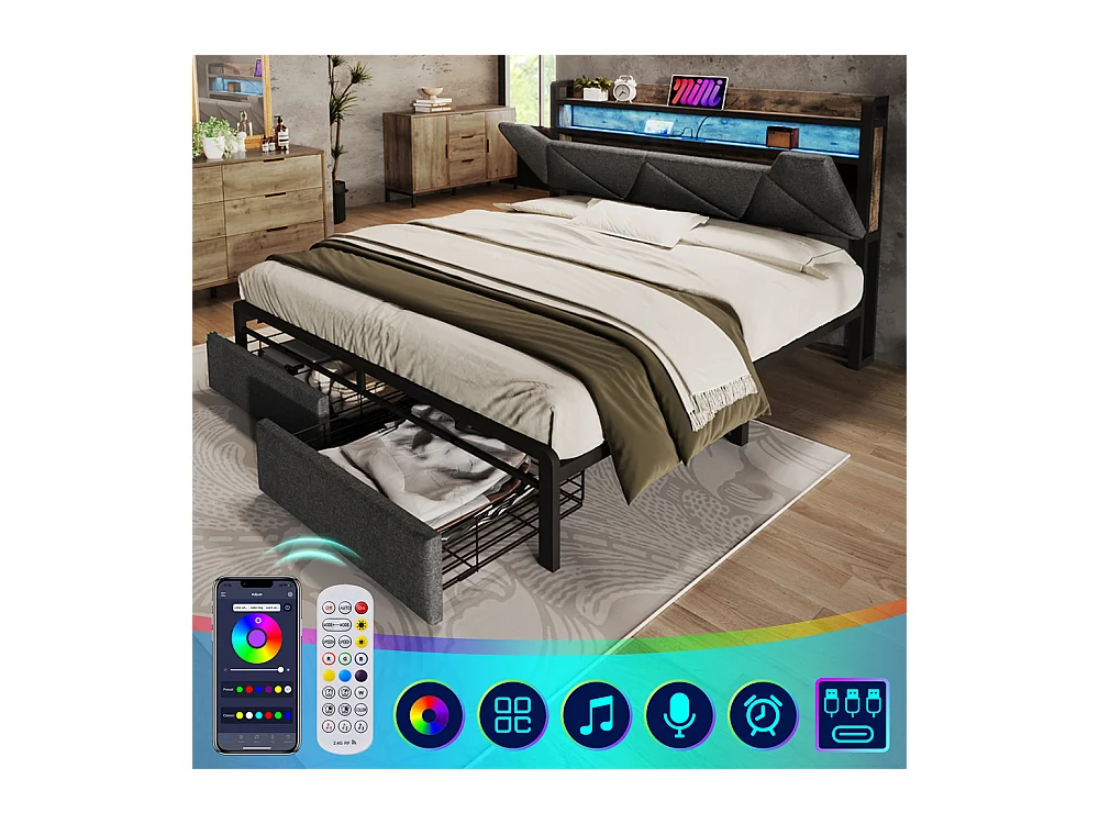 Lit adulte lit 160x200 cm avec cadre métallique lit rembourré avec éclairage led et tiroirs lit double lin gris