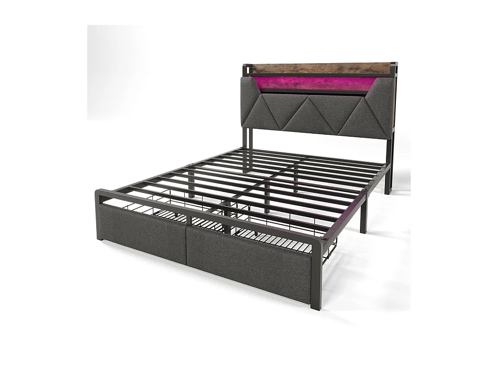 Lit adulte lit 160x200 cm avec cadre métallique lit rembourré avec éclairage led et tiroirs lit double lin gris