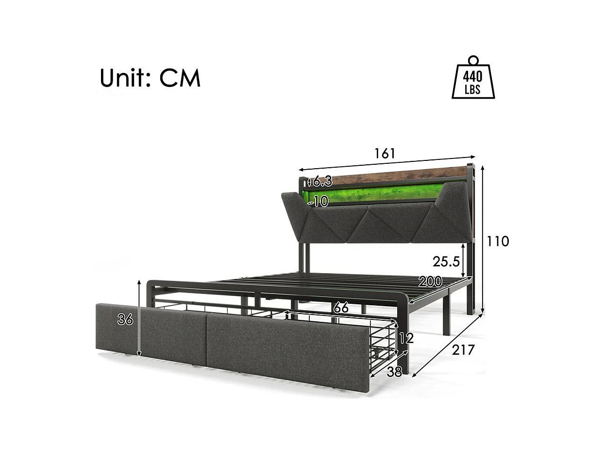 Lit adulte lit 160x200 cm avec cadre métallique lit rembourré avec éclairage led et tiroirs lit double lin gris