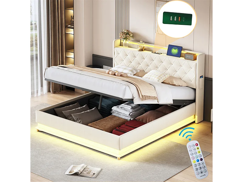 Volwassen bed 160x200 cm bed led gewatteerd hydraulisch tweepersoonsbed beige linnen