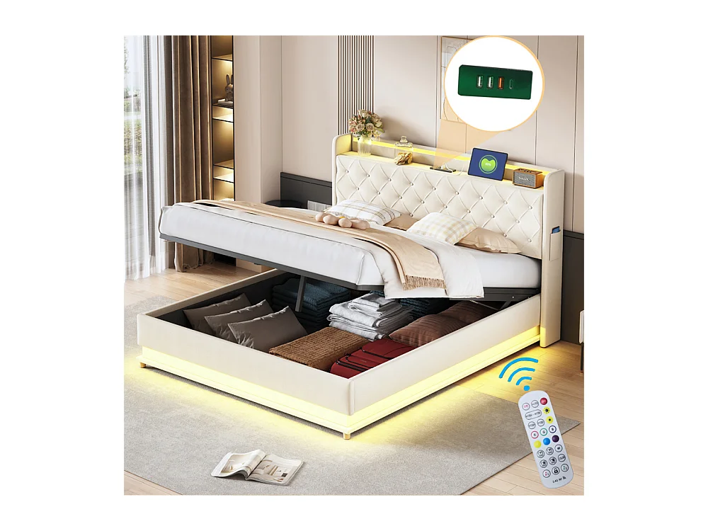 Volwassen bed 160x200 cm bed led gewatteerd hydraulisch tweepersoonsbed beige linnen