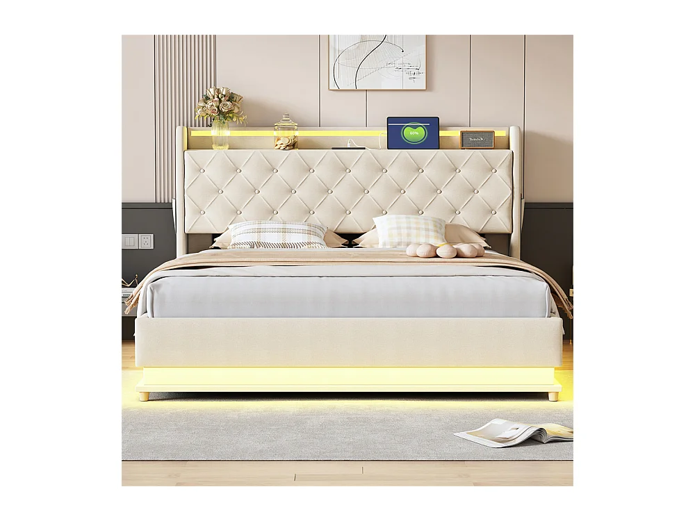 Volwassen bed 160x200 cm bed led gewatteerd hydraulisch tweepersoonsbed beige linnen