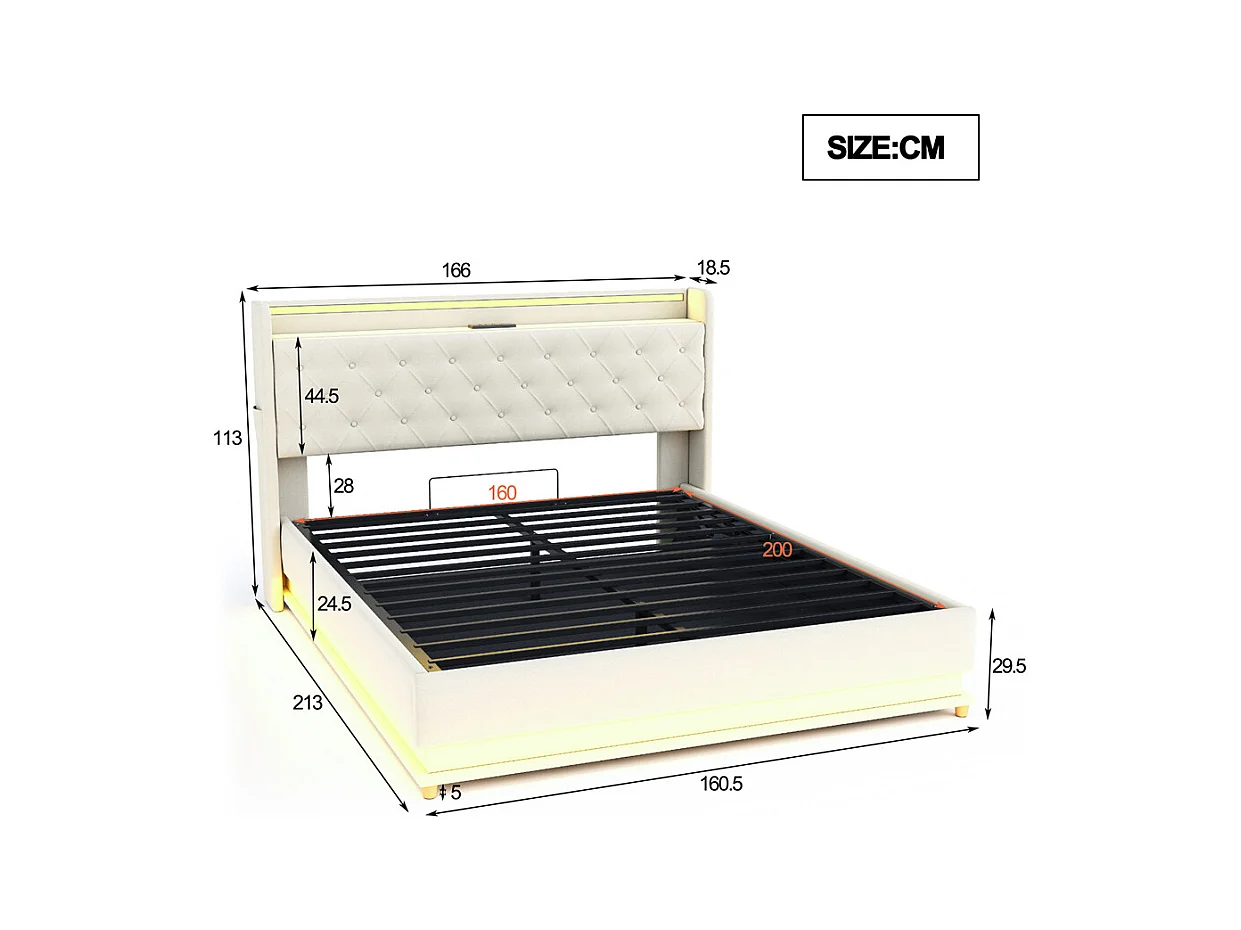 Volwassen bed 160x200 cm bed led gewatteerd hydraulisch tweepersoonsbed beige linnen