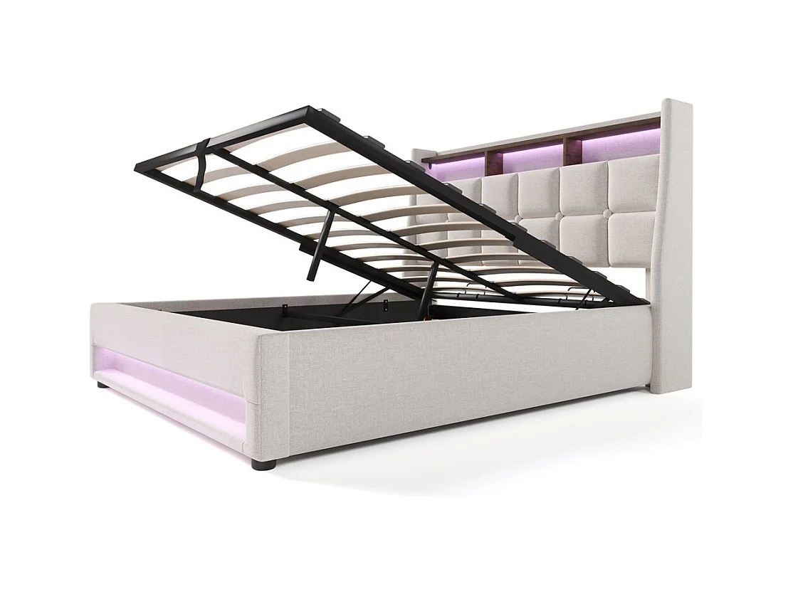 Gestoffeerd bed 140x200cm, tweepersoonsbed met metalen lattenbodem, jeugdbed, linnen, beige (zonder matras)