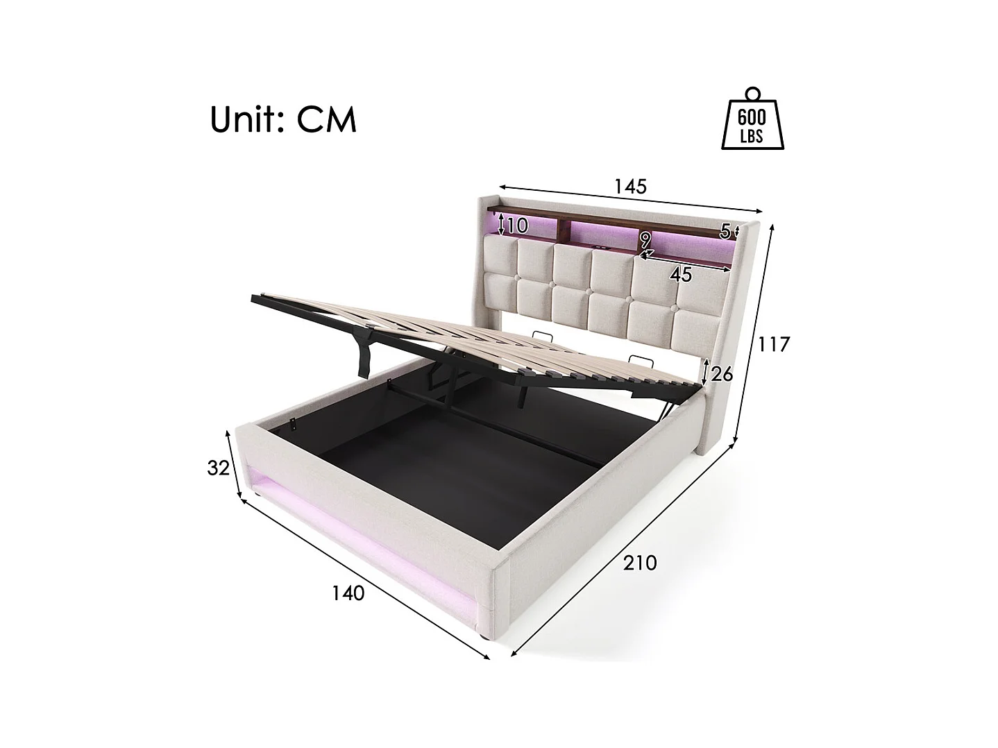 Gestoffeerd bed 140x200cm, tweepersoonsbed met metalen lattenbodem, jeugdbed, linnen, beige (zonder matras)