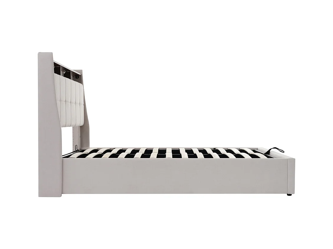 Gestoffeerd bed 140x200cm, tweepersoonsbed met metalen lattenbodem, jeugdbed, linnen, beige (zonder matras)