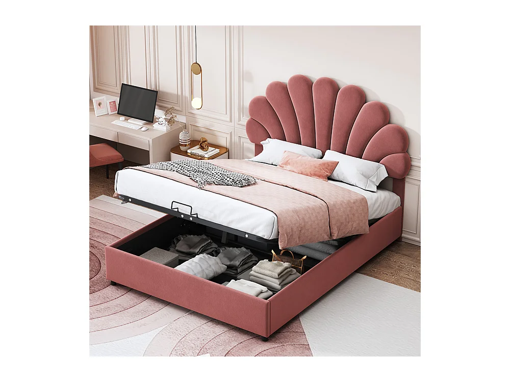 Lit adulte lit coffre lit 140x200 cm lit de rangement lit rembourré hydraulique lit cadre à lamelles lit double velours rose