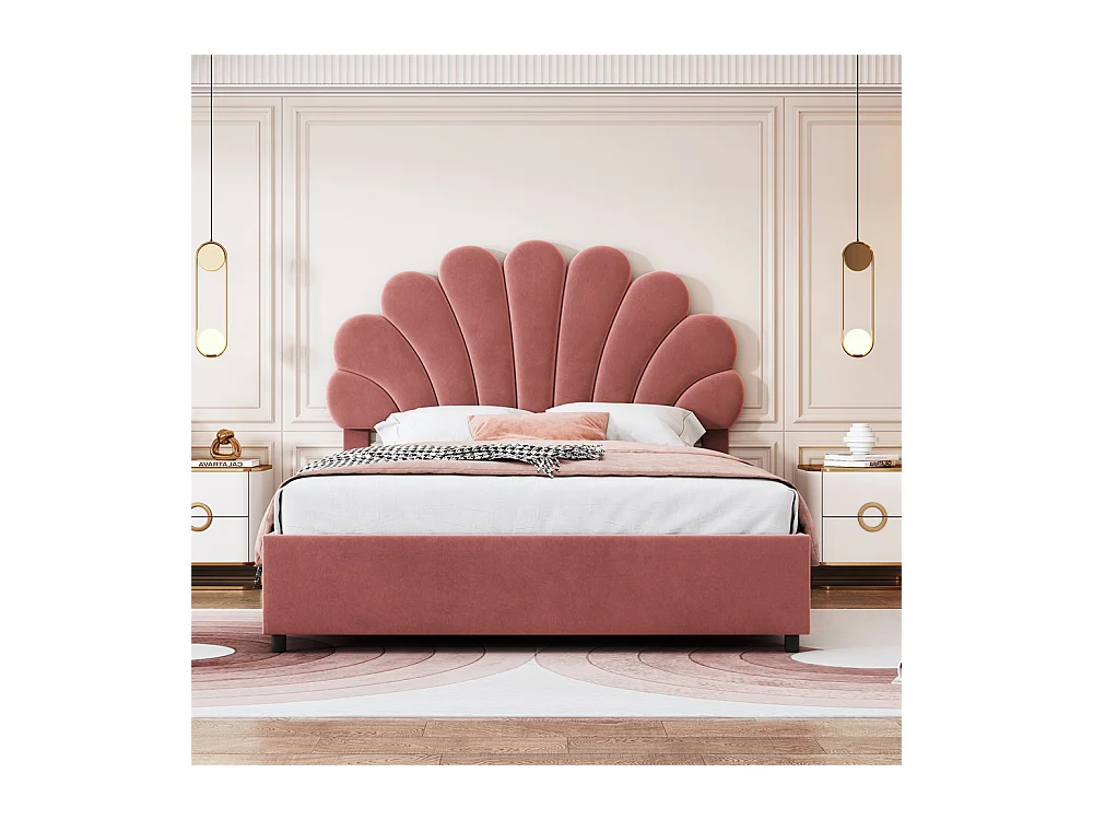 Lit adulte lit coffre lit 140x200 cm lit de rangement lit rembourré hydraulique lit cadre à lamelles lit double velours rose