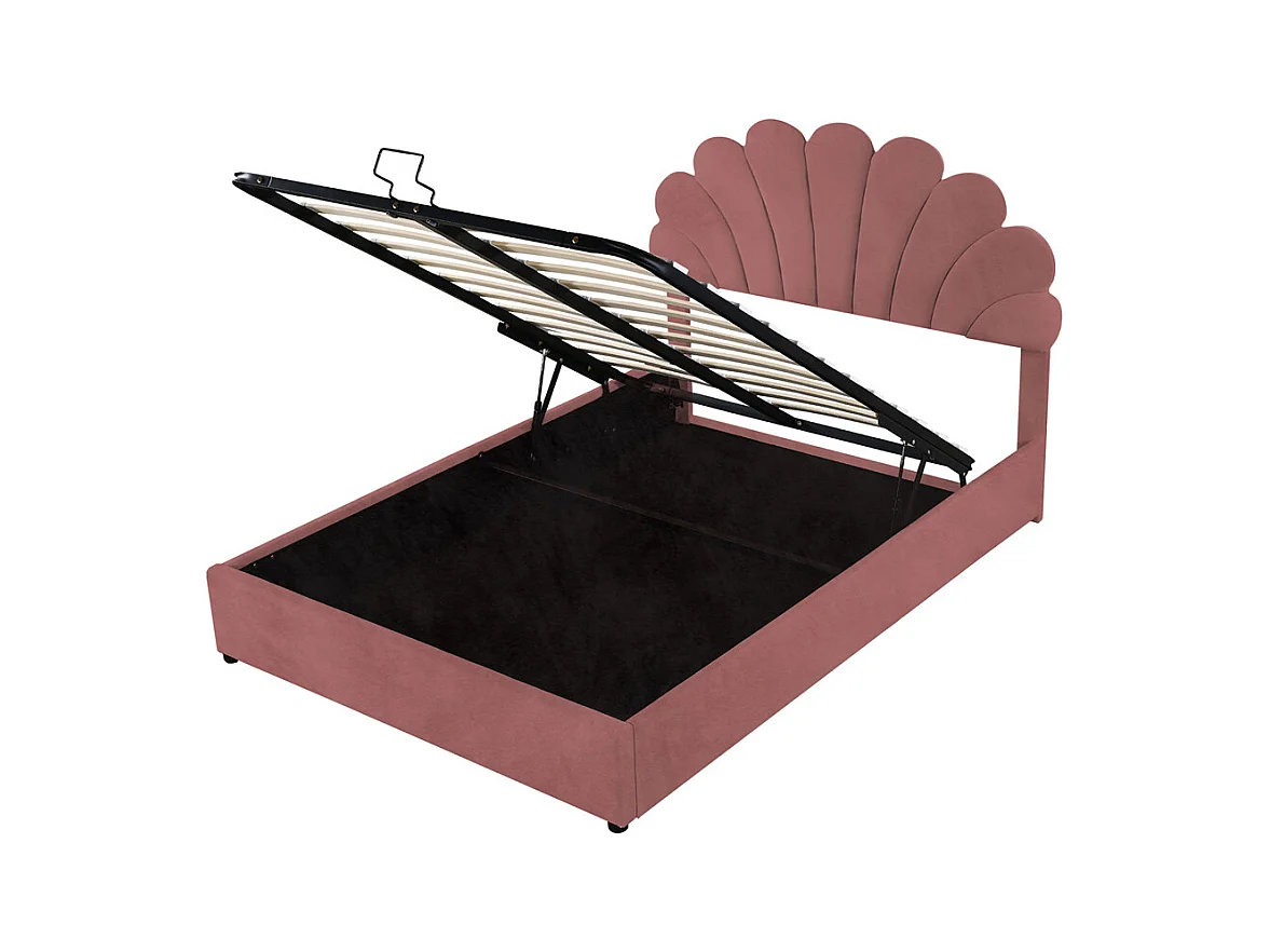 Lit adulte lit coffre lit 140x200 cm lit de rangement lit rembourré hydraulique lit cadre à lamelles lit double velours rose