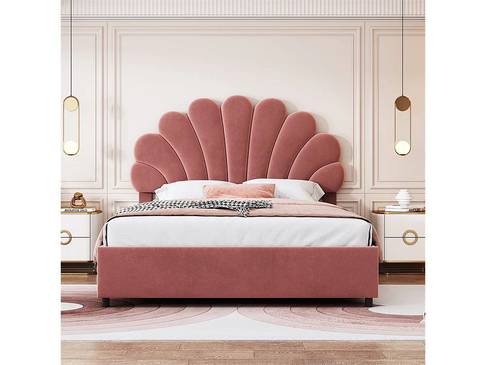 Lit adulte lit coffre lit 140x200 cm lit de rangement lit rembourré hydraulique lit cadre à lamelles lit double velours rose