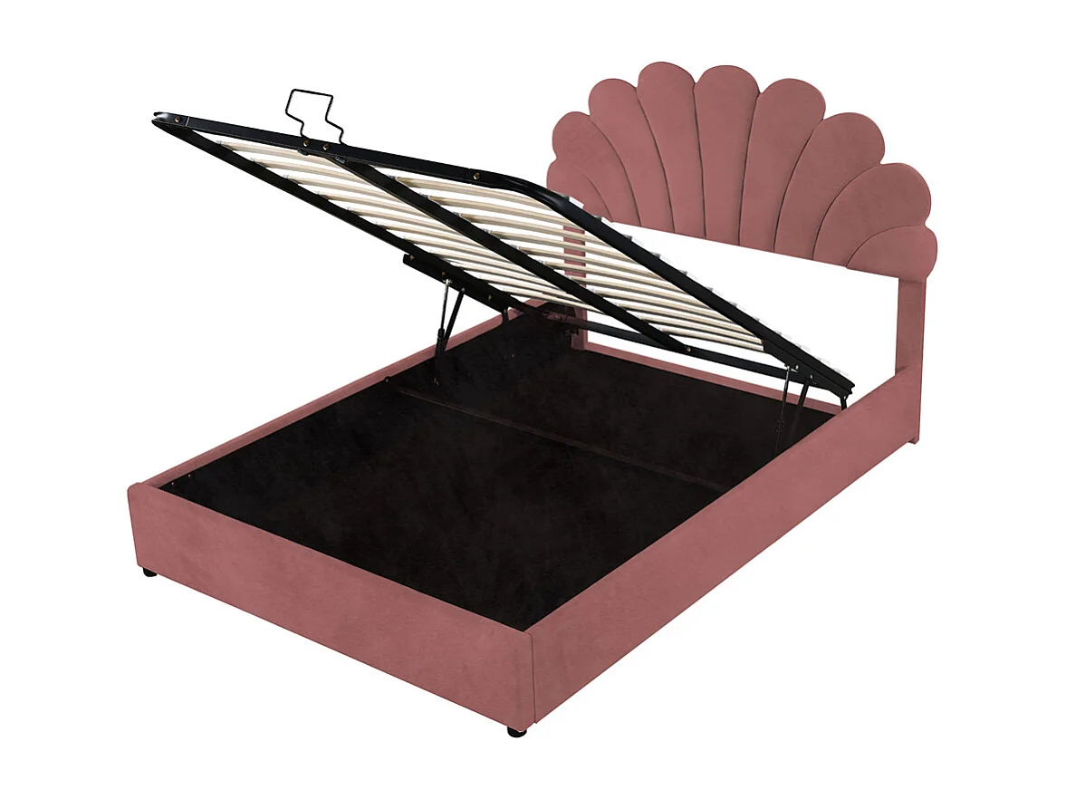 Lit adulte lit coffre lit 140x200 cm lit de rangement lit rembourré hydraulique lit cadre à lamelles lit double velours rose