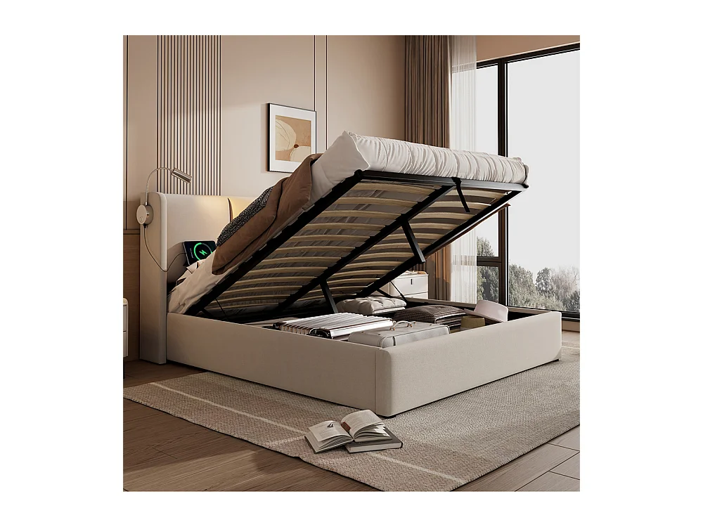 Lit rembourré 140x200 cm, lit avec rangement, lit double avec sommier à lattes et lampe de lecture, lin, beige, sans matelas