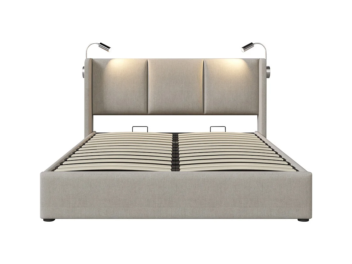 Lit rembourré 140x200 cm, lit avec rangement, lit double avec sommier à lattes et lampe de lecture, lin, beige, sans matelas