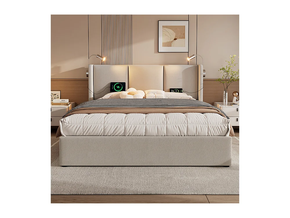 Lit rembourré 140x200 cm, lit avec rangement, lit double avec sommier à lattes et lampe de lecture, lin, beige, sans matelas