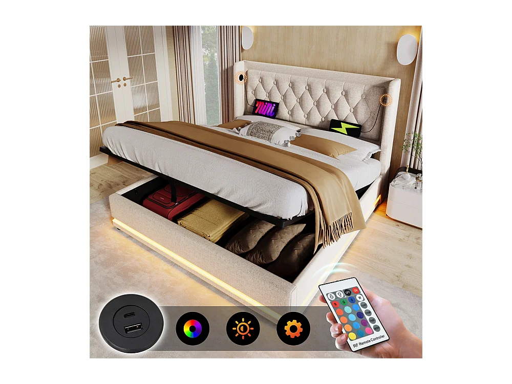 Lit adulte lit 160x200 cm lit rembourré hydraulique lit de rangement lit double coton beige