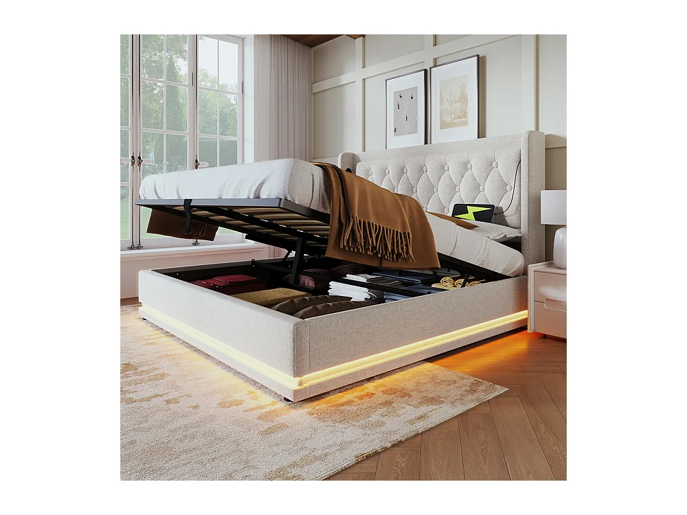 Lit adulte lit 160x200 cm lit rembourré hydraulique lit de rangement lit double coton beige