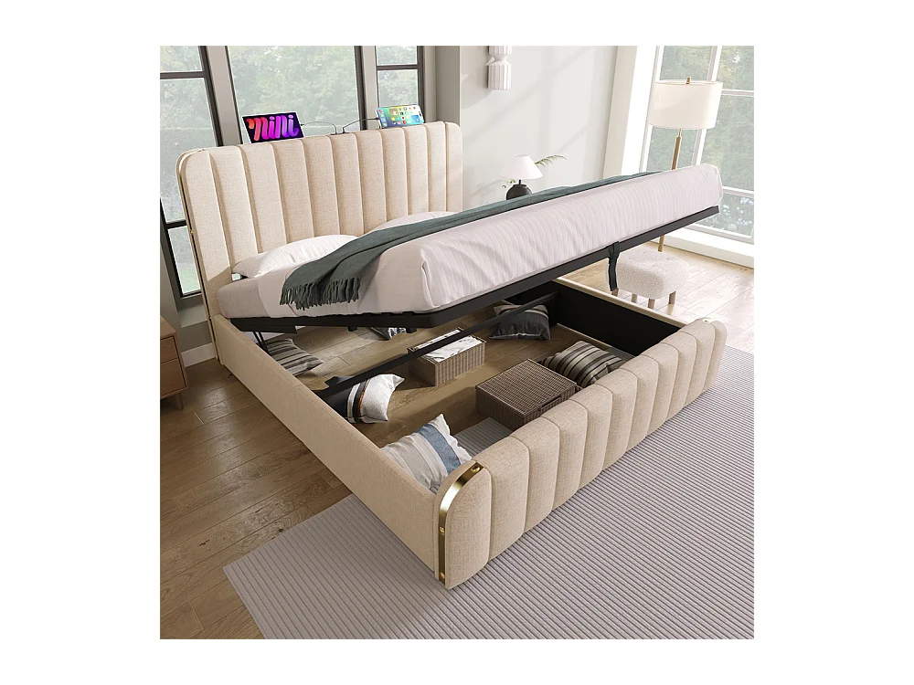 Hydraulisch gestoffeerd bed 140x200cm, hoofdbord met USB Type-C oplaadfunctie, bed met opbergruimte, linnen, beige, zonder matras