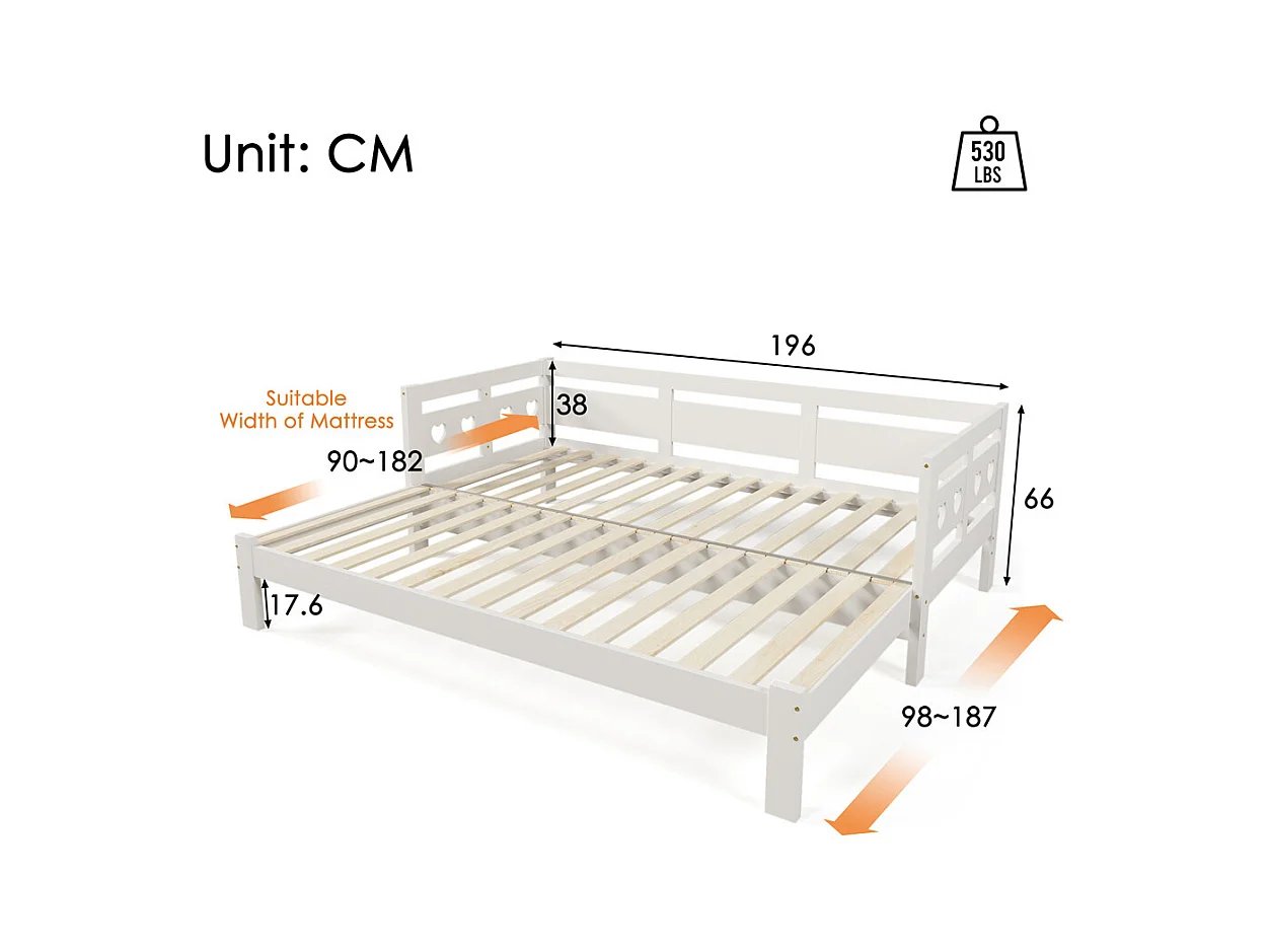 Lit extensible 90x190cm, lit de jour avec 2 places de couchage et cadre roulant, lit en forme de coeur, pin massif, blanc