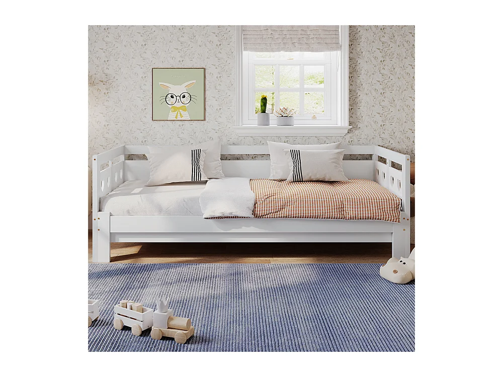 Lit extensible 90x190cm, lit de jour avec 2 places de couchage et cadre roulant, lit en forme de coeur, pin massif, blanc