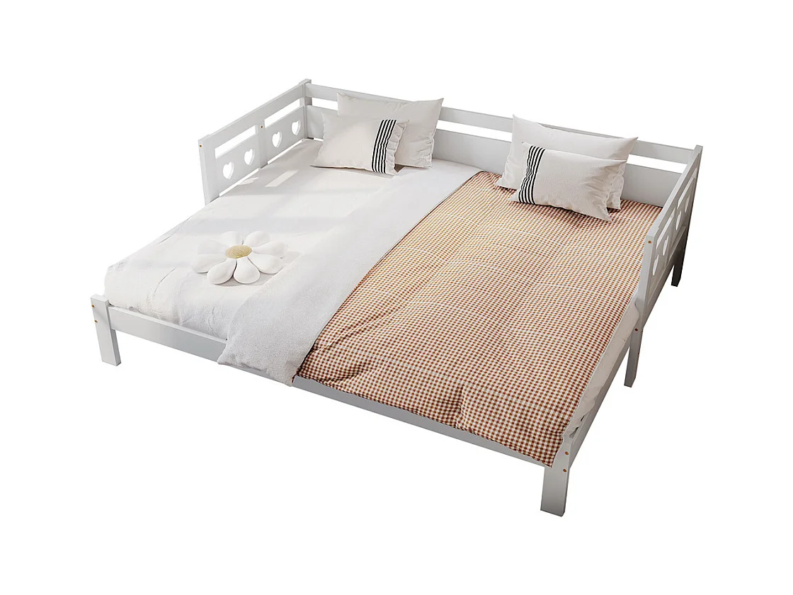 Lit extensible 90x190cm, lit de jour avec 2 places de couchage et cadre roulant, lit en forme de coeur, pin massif, blanc