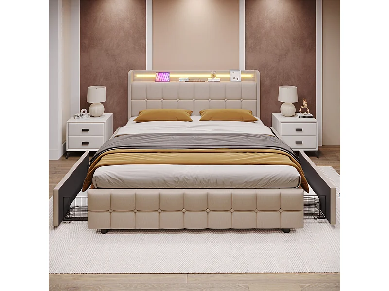 Gestoffeerd bed 180x200cm opbergbed bed 4 lades led verlichting bed houten lattenbodem tweepersoonsbed beige linnen