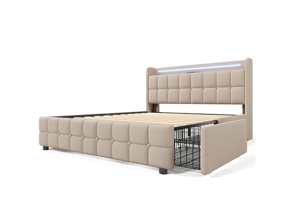 Gestoffeerd bed 180x200cm opbergbed bed 4 lades led verlichting bed houten lattenbodem tweepersoonsbed beige linnen