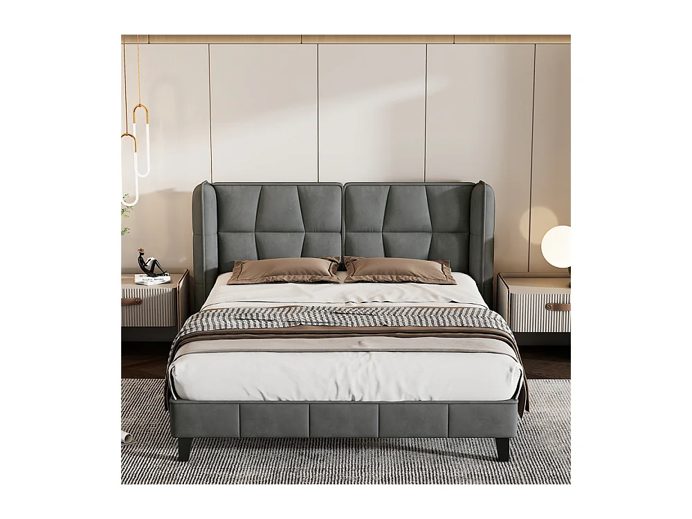 Volwassen bed 140x200cm gestoffeerd bed met lattenbodem tweepersoonsbed grijs fluweel