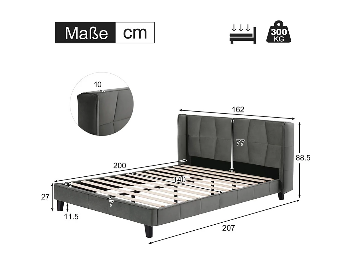 Volwassen bed 140x200cm gestoffeerd bed met lattenbodem tweepersoonsbed grijs fluweel