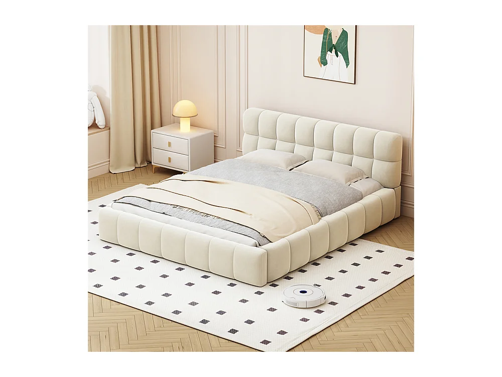 Lit adulte lit 140x190 cm lit rembourré avec sommier à lattes lit double lin beige