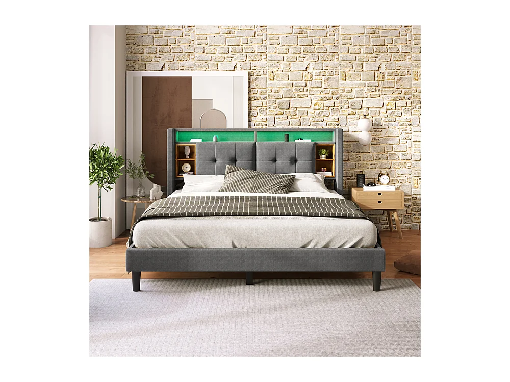 Gestoffeerd bed 160x200cm, tweepersoonsbed met opberghoofdeinde, USB-oplader en ledverlichting, houten lattenbodem, grijs