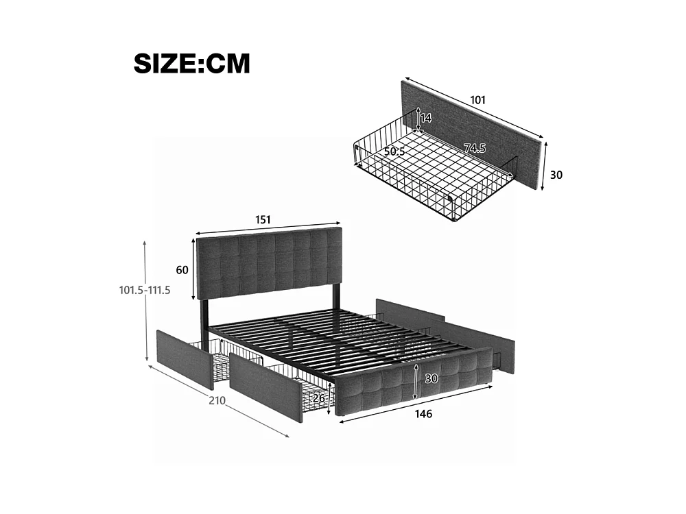 Gestoffeerd bed 160x200cm, tweepersoonsbed met opberghoofdeinde, USB-oplader en ledverlichting, houten lattenbodem, grijs