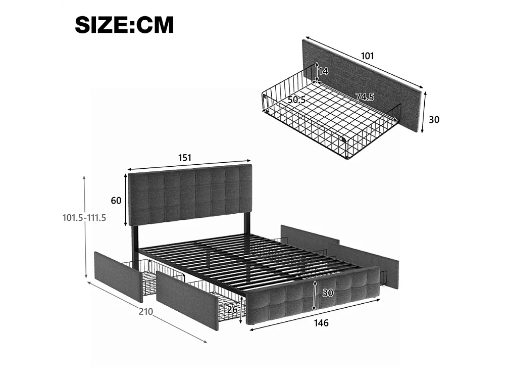 Gestoffeerd bed 160x200cm, tweepersoonsbed met opberghoofdeinde, USB-oplader en ledverlichting, houten lattenbodem, grijs