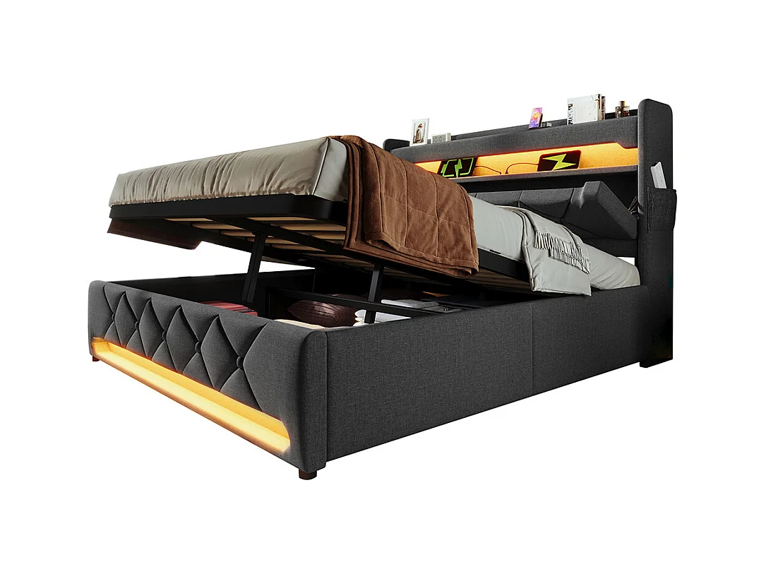 Hydraulisch bed 140x200cm, tweepersoonsbed, opbergruimte aan het hoofdeinde met USB- en Type C-aansluiting, linnen, grijs, met matras