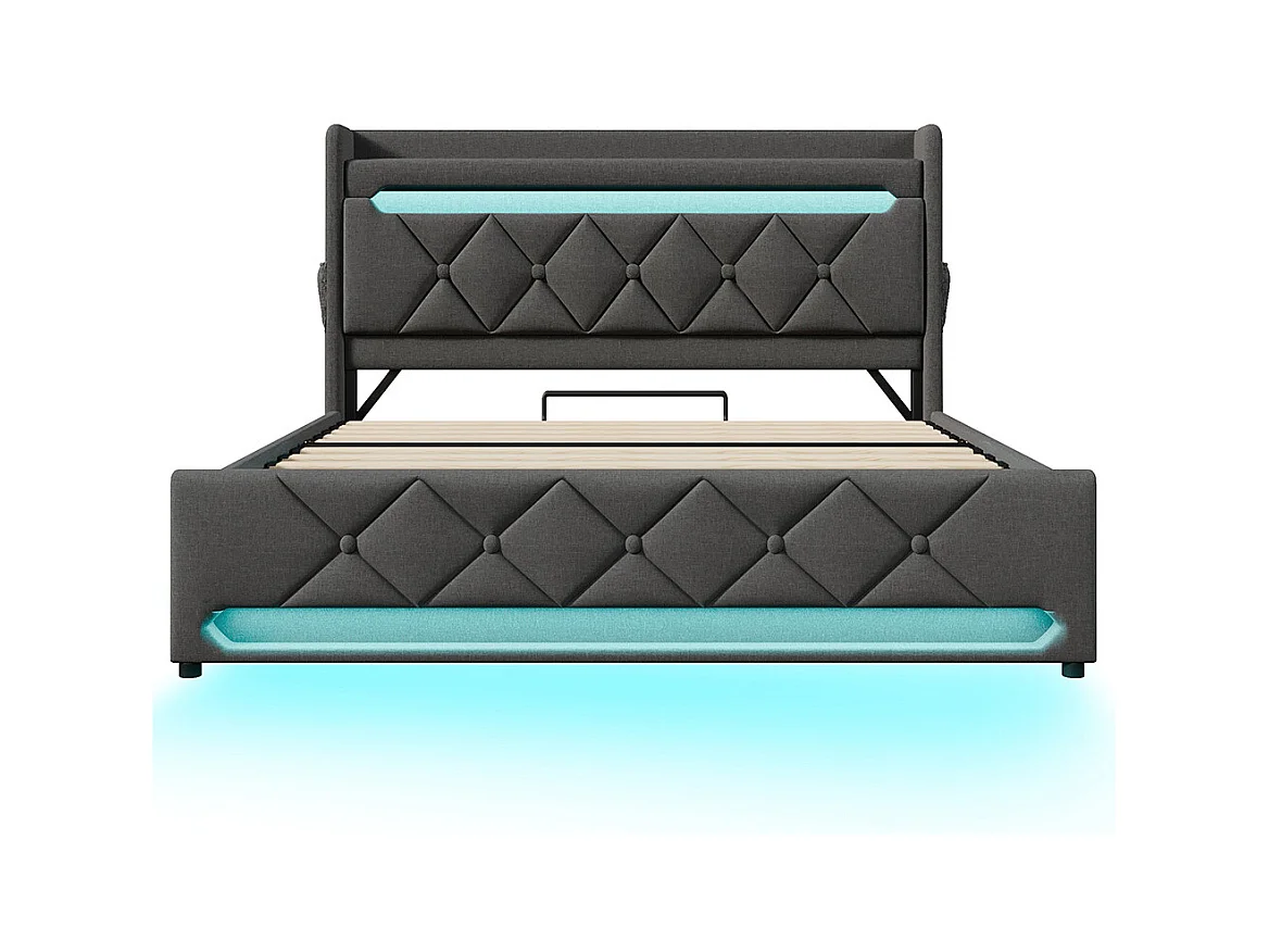 Hydraulisch bed 140x200cm, tweepersoonsbed, opbergruimte aan het hoofdeinde met USB- en Type C-aansluiting, linnen, grijs, met matras