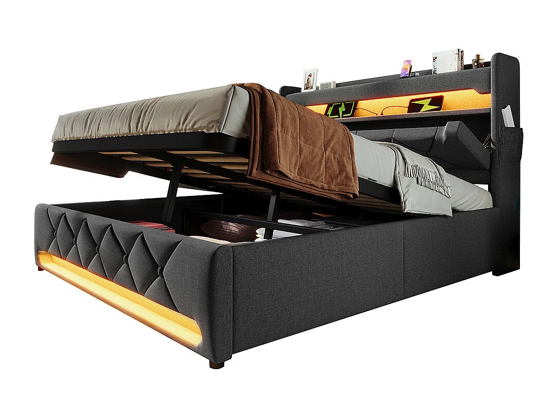 Hydraulisch bed 140x200cm, tweepersoonsbed, opbergruimte aan het hoofdeinde met USB- en Type C-aansluiting, linnen, grijs, met matras