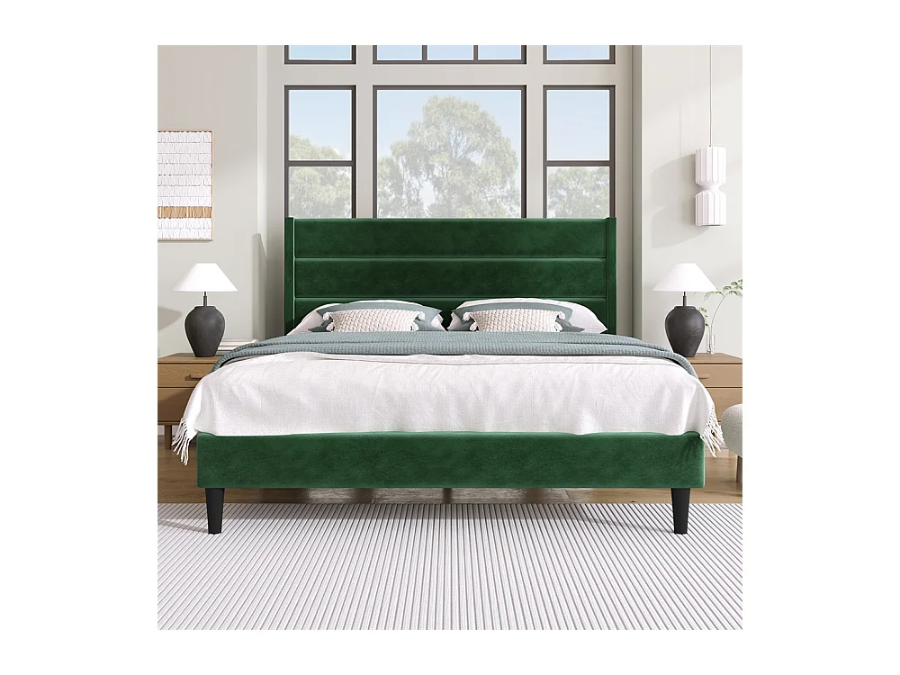 Volwassen bed 140x200 cm bed gestoffeerd bed lattenbodem Eenpersoons donkergroen fluweel