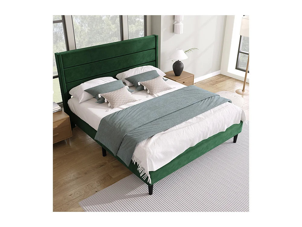 Volwassen bed 140x200 cm bed gestoffeerd bed lattenbodem Eenpersoons donkergroen fluweel