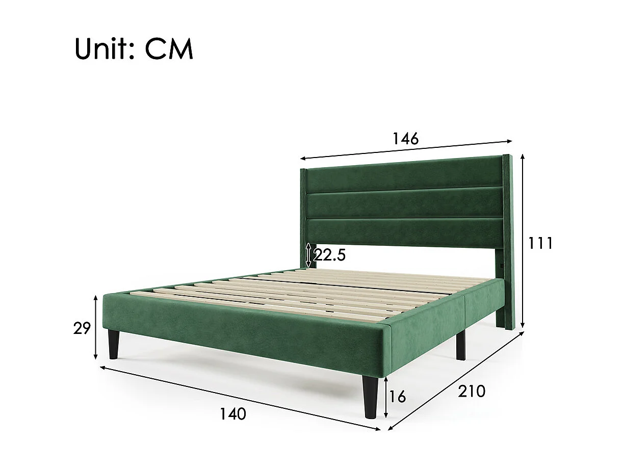 Volwassen bed 140x200 cm bed gestoffeerd bed lattenbodem Eenpersoons donkergroen fluweel